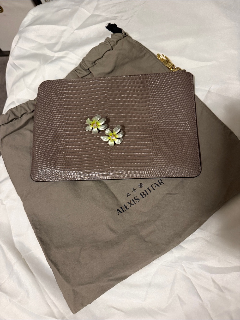 Alexis Bittar Taupe Lizard-Embossed Floral Accent Clutch and earrings
